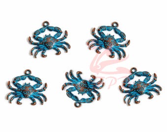 5 Copper Crab Charms 24mm Turquoise Blue Patina Wholesale Antiqued Copper Pendants CC916404