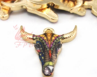 2 Bull Skull Charms 25mm Colorful Gold Plated Enamel Cow Steer Skull Pendants EC0152572