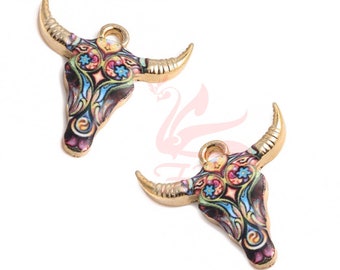 2 Bull Skull Charms 25mm Rainbow Gold Plated Enamel Cow Steer Skull Pendants EC0152570