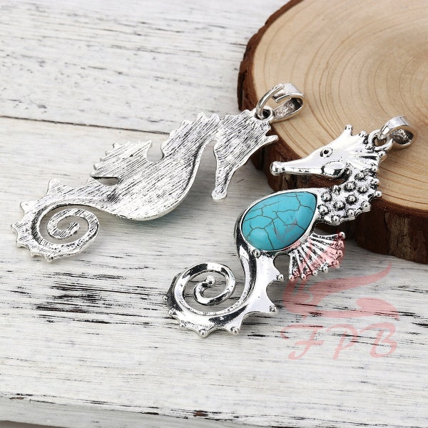 1 Seahorse Pendant 100mm Wholesale Antiqued Silver Plated Turquoise Resin Charm SC0112496