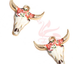 2 Bull Skull Charms 25mm Red Swirl Gold Plated Enamel Cow Steer Skull Pendants EC0152571