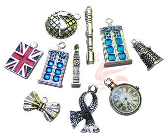 Doctor Who Tardis, Sonic Screwdriver, Dalek Robot 10 Charms Set - Mix Fandom Pendants Collection CC008102
