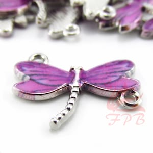 2 Lila Libelle Charms 24 mm Groß versilbert Emaille Connector Anhänger EC0095550