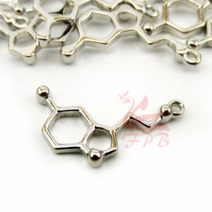 5 Serotonin Molecule Charms 25mm Wholesale Silver Plated Chemistry Pendants SC0075574