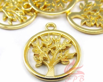 2 Tree Of Life Charms 20mm Wholesale Gold Plated Tree Pendants SC0101254