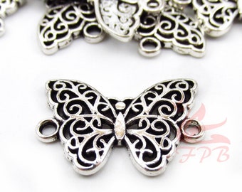 10 Butterfly Charms 20mm Wholesale Antiqued Silver Plated Animal Connector Pendants SC0092625