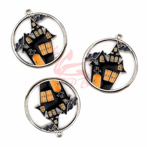 1 Black Haunted House Charms 24mm Wholesale Enamel Silver Plated Halloween Pendant SC0719913