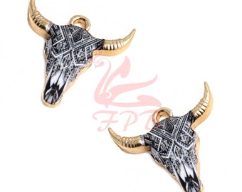 2 Bull Skull Charms 25 mm Schwarz Weiß Vergoldet Emaille Kuh Stier Schädel Anhänger EC0152566