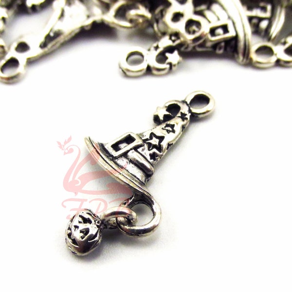 10 Halloween Witch Hat Charms 26mm Wholesale Antiqued Silver Plated Wizard Hat Pendants SC0028920