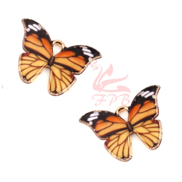 2 Orange Butterfly Charms 22mm Wholesale Gold Plated Enamel Monarch Pendants EC0708825