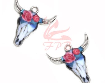2 Blue Pink Bull Skull Charms 22 Silver Plated Enamel Cow Steer Skull Pendants EC899042