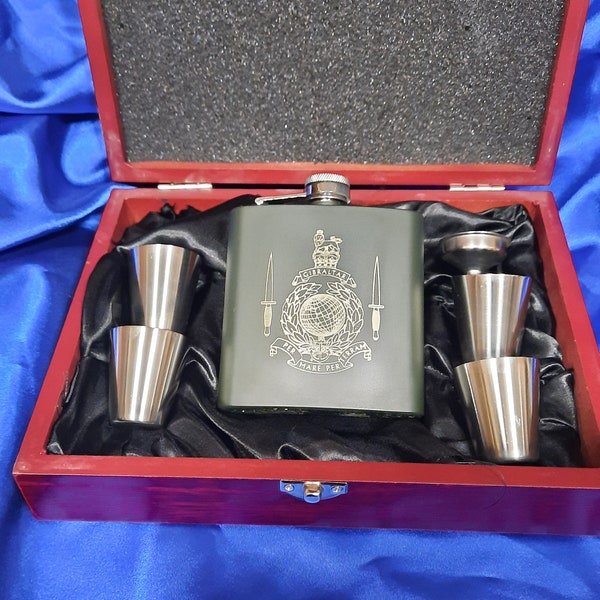 Royal Marines Military Green 6oz Stainless Hip Flask Complete with Wood Presentation Case inc. 4 Tot Cups and Funnel