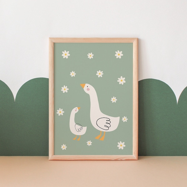 Boho daisy nursery print, Baby girl nursery decor, Goose nursery print, Sage nursery decor, Daisy nursery wall art, Nursery neutral wall art
