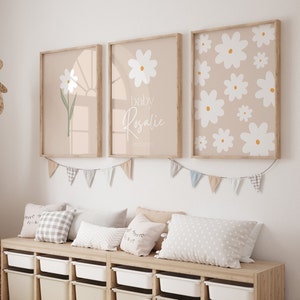 Set of 3 nursery prints, Custom name nursery, Daisy wall art, Pink nursery decor, Sage daisy nursery wall art, neutral baby girl room prints