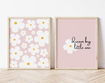 Pink Daisy Nursery Prints: 'Dream Big' Wall Art (Digital Download)