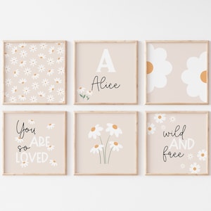 Madeliefje kinderkamerdecoratie: aangepaste naambeige bloemenprints (digitale download)