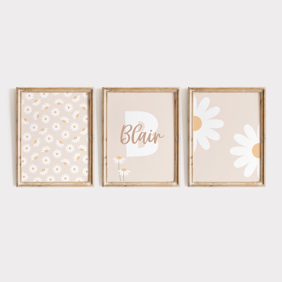 Daisy Nursery Prints Set: Custom Name, Beige Floral Wall Art (digital ...