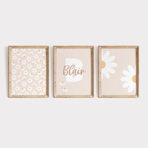 Set di 3 stampe per bambini con margherite, stampa con nome personalizzato, decorazione per bambini con margherite, arte murale con fiori beige, stampa per bambini 8x10, stampa floreale per bambini