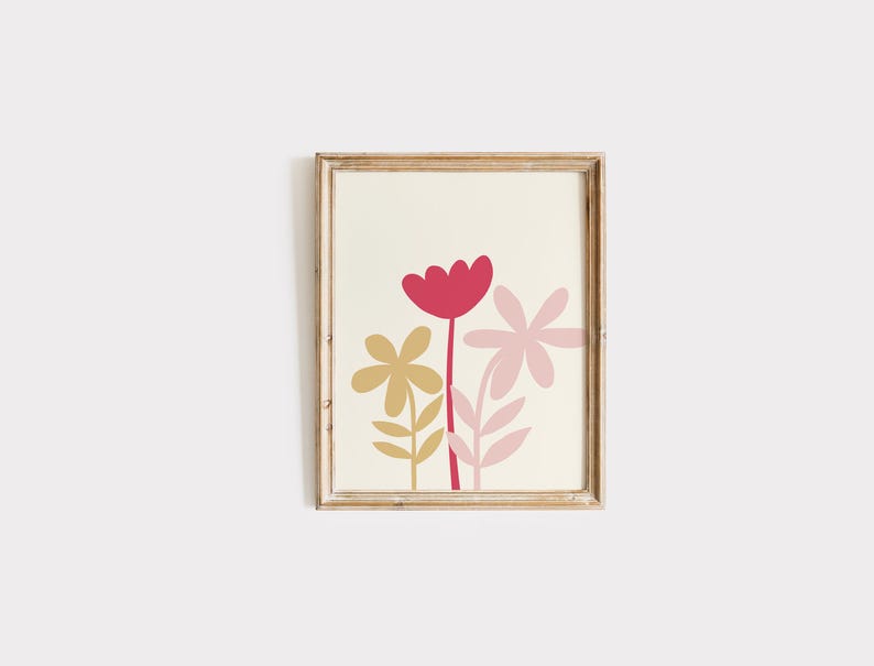 May include: A framed print with a minimalist design featuring a pink, red, and yellow flower arrangement on a white background.