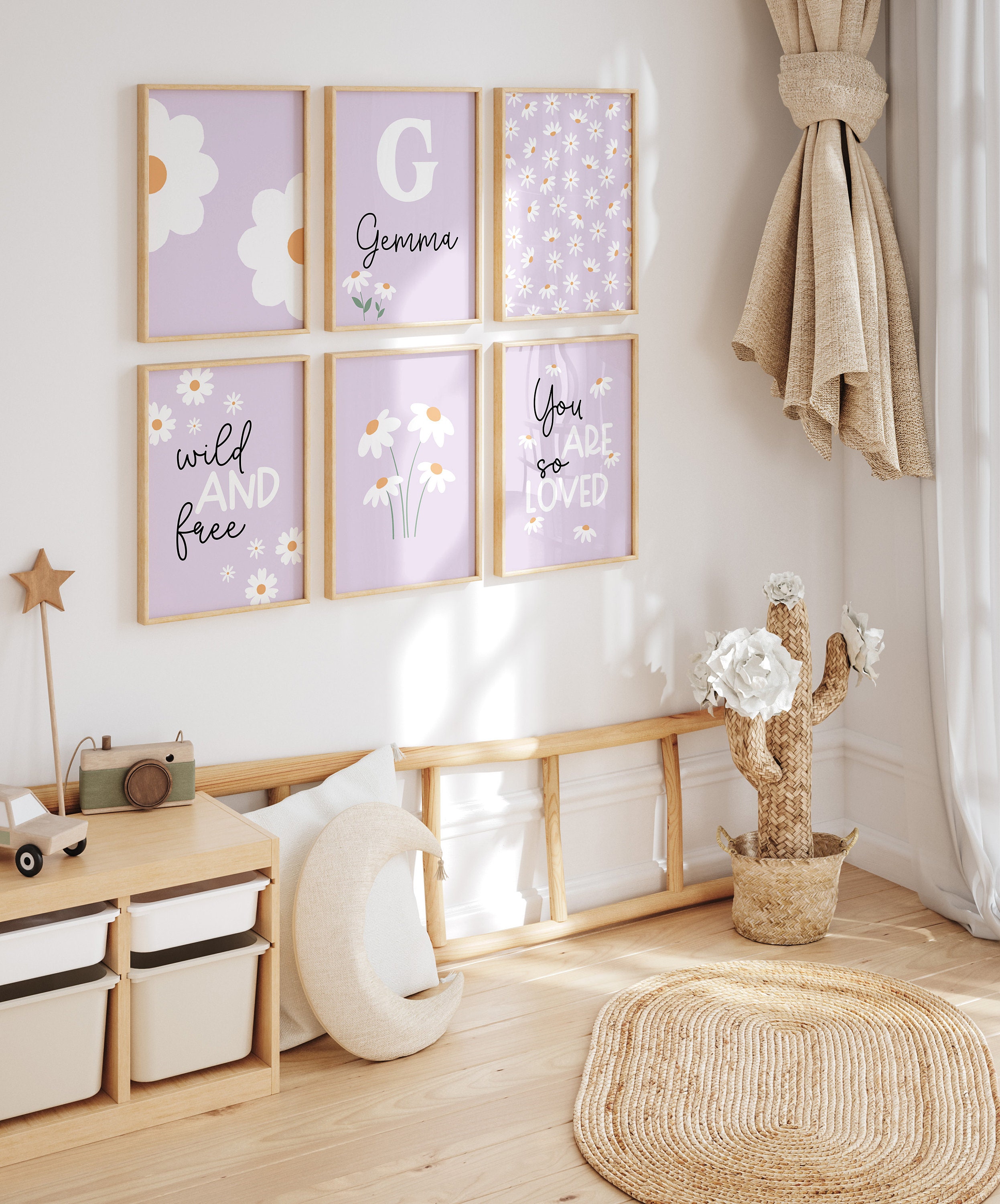 Daisy Nursery Print Set: Personalized Purple Floral Wall Art (digital ...