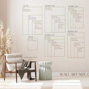 May include: A wall art size guide with different ratios and measurements in inches and centimeters. The guide shows the dimensions of various sizes of wall art, including 11x14, 4x5, 3x4, 2x3, and 1x1 ratios. The guide is displayed on a wall with a light beige background. A chair with a light beige cushion and a light green stool are in the foreground.