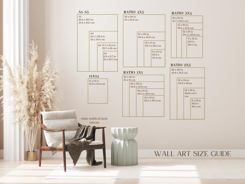 May include: A wall art size guide with different ratios and measurements in inches and centimeters. The guide shows the dimensions of various sizes of wall art, including 11x14, 4x5, 3x4, 2x3, and 1x1 ratios. The guide is displayed on a wall with a light beige background. A chair with a light beige cushion and a light green stool are in the foreground.