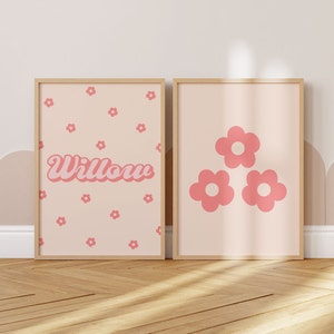 Set of 2 custom name retro nursery prints, Daisy wall art printable, Retro nursery decor, Pink daisy nursery wall art, Floral baby girl room