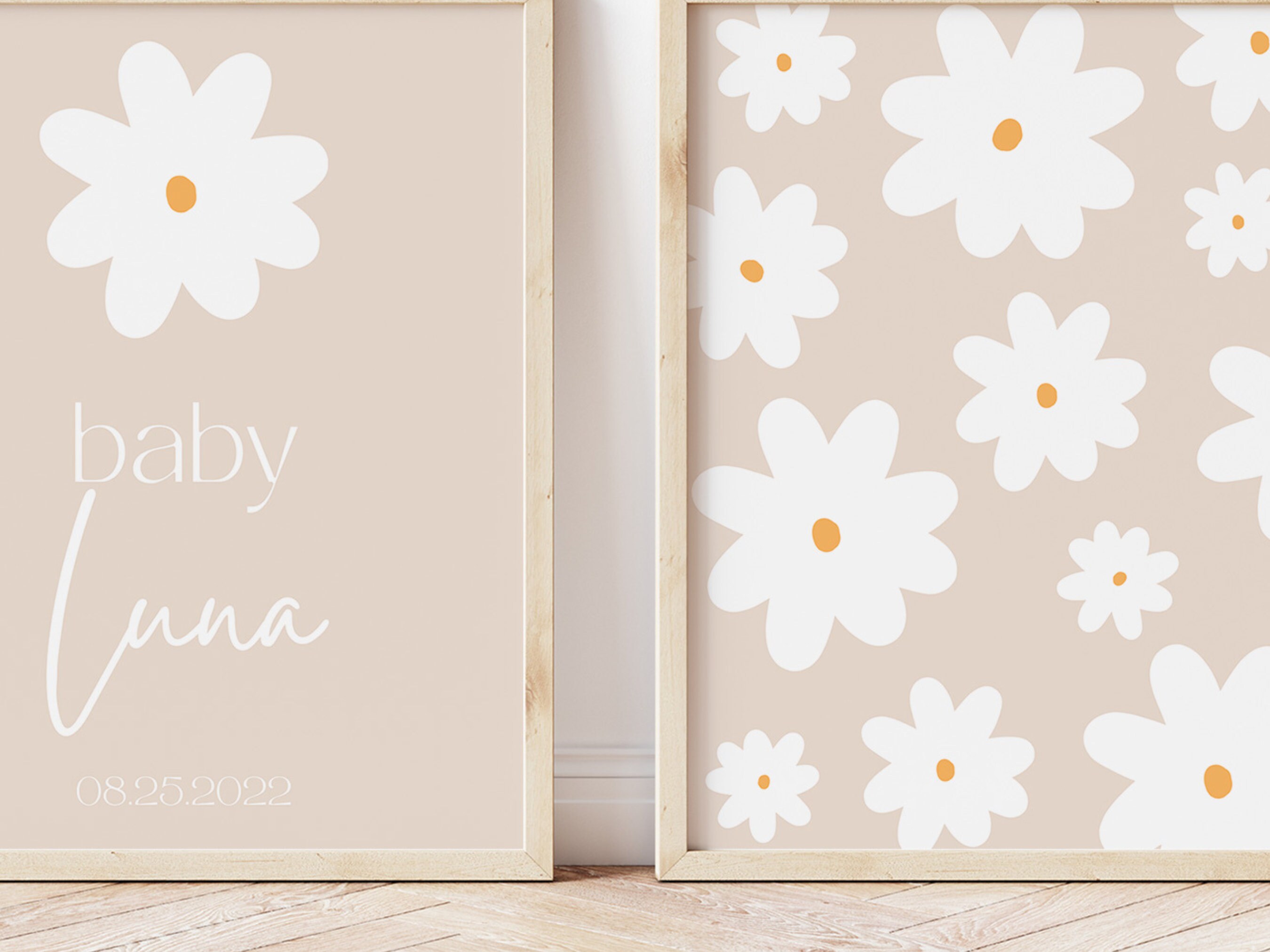Set of 3 Nursery Prints, Custom Name Nursery, Daisy Wall Art