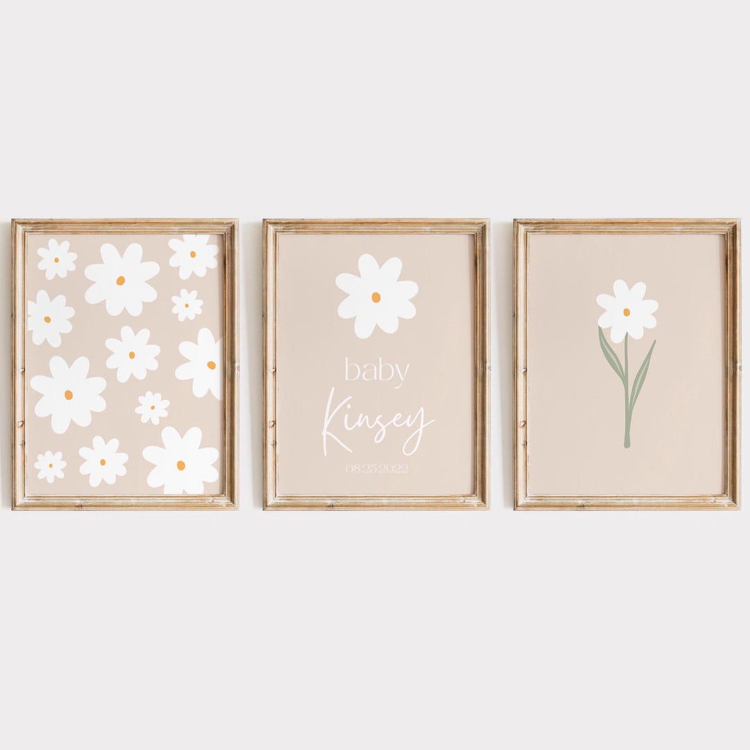 Daisy Nursery Prints Set: Custom Name, Sage Green Decor (digital ...