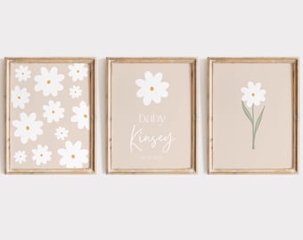 Daisy Nursery Prints Set: Custom Name, Sage Green Decor (Digital Download)