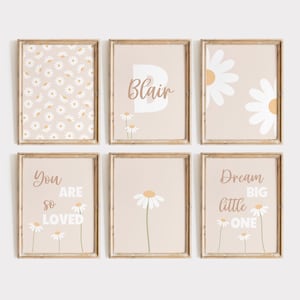Daisy wall art | Custom name print set, Boho nursery decor, Daisy print, Baby girl nursery art, Girls room decor, Floral Printable wall art