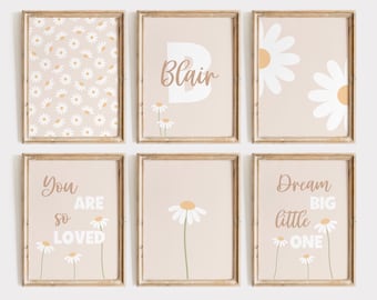Daisy Nursery Decor: Custom Name Print Set, Boho Floral Art (Digital Download)