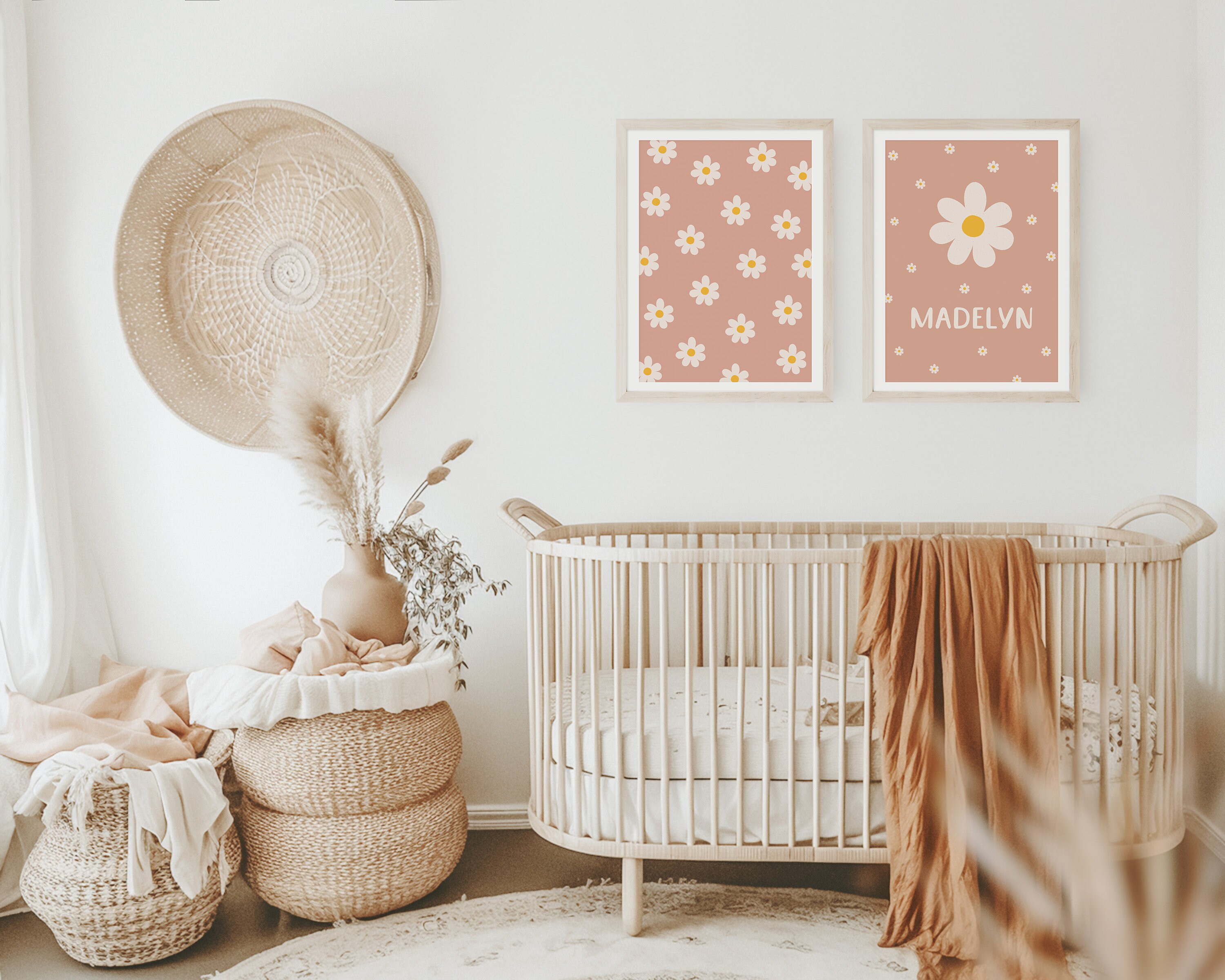 Custom Name Daisy Nursery Prints: Terracotta Floral Wall Art (set of 2 ...