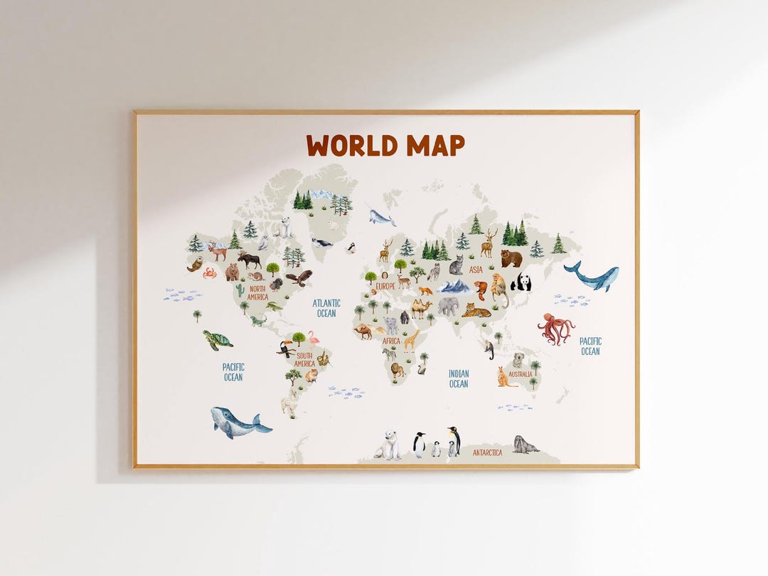 Kids Animal World Map Print: Educational Nursery Decor (digital ...
