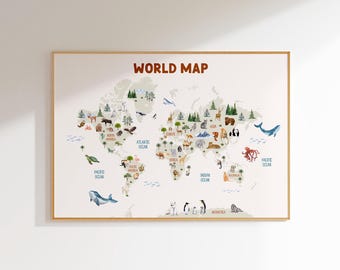 Kids Animal World Map Print: Educational Nursery Decor (Digital Download)