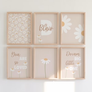 Personalized Beige Daisy Nursery Wall Art Set of 6, Custom Name Print, Neutral Baby Girl Room Decor, Floral Gallery Wall, Digital Download