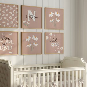 Set of 6 Nursery Prints, Custom Name Nursery, Daisy Wall Art, Pink ...