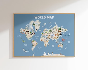 Kids World Map Print: Educational Animal Poster (Digital Download)