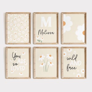 Madeliefje kinderkamerdecoratie: aangepaste naambeige bloemenprintset (digitale download)