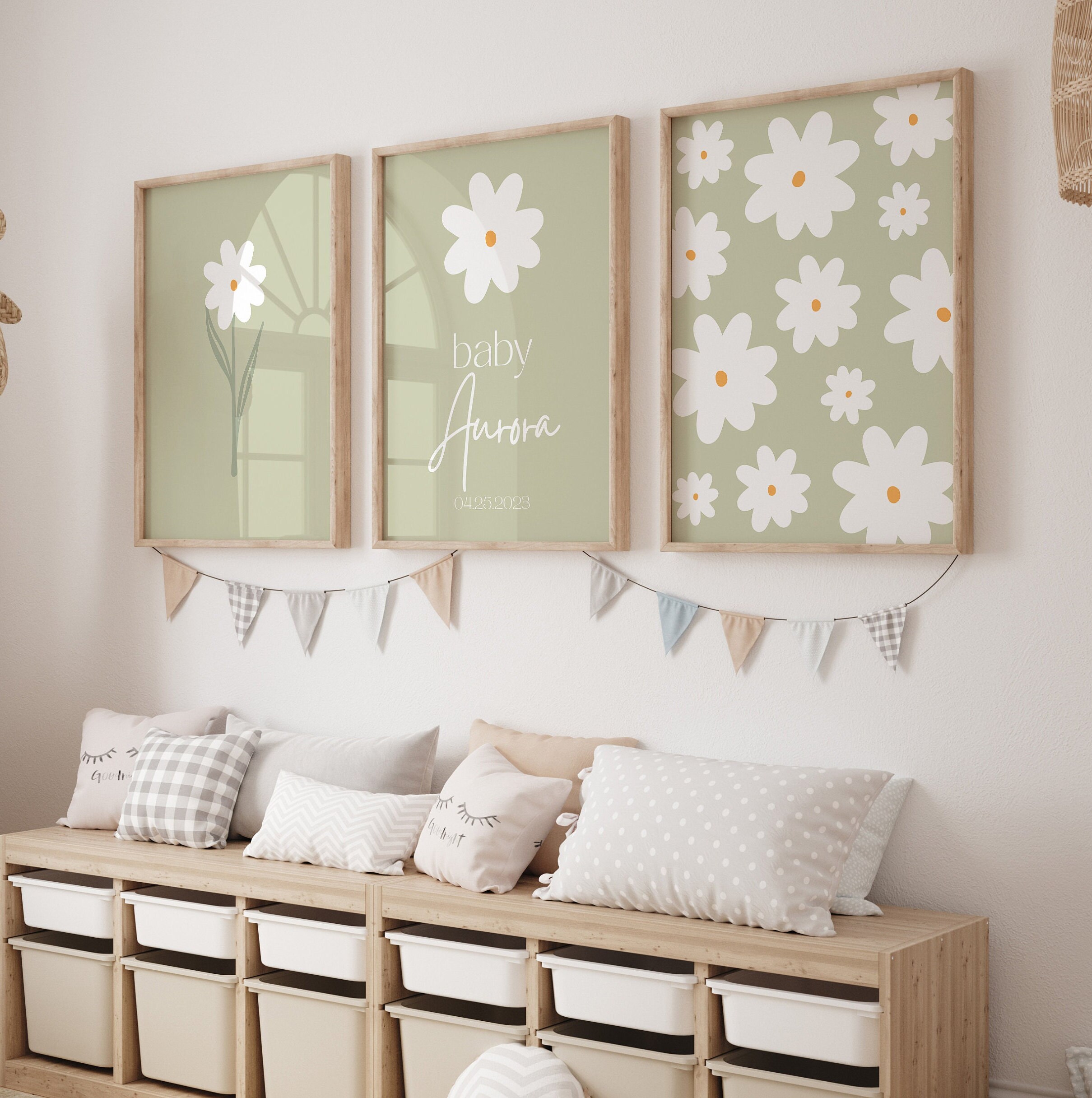 Daisy Nursery Prints Set: Sage Green Custom Name Wall Art (digital ...