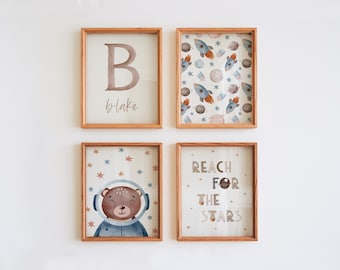 Personalized Space Nursery Prints Set of 4, Custom Name Wall Art, Bear Astronaut, Rocket & Planets, Boys Room Printable Digital Download Art