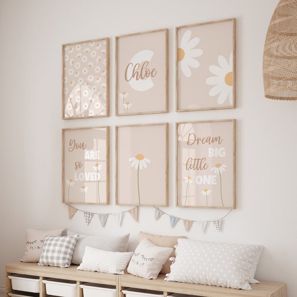 Daisy wall art | Custom name print set, Boho nursery decor, Daisy print, Baby girl nursery art, Girls room decor, Floral Printable wall art