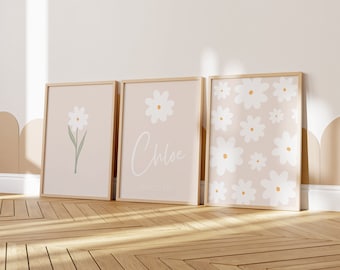Daisy Nursery Prints Set: Custom Name, Boho Floral Wall Art (Digital Download)