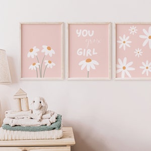 Set of 3 pink daisy nursery wall art, Boho daisy baby shower, Quotes for boho girl nursery decor, Daisies printable, You grow girl print