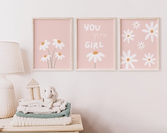 Decoración de pared para habitación infantil con margaritas rosas: Decoración bohemia para niña (descarga digital)