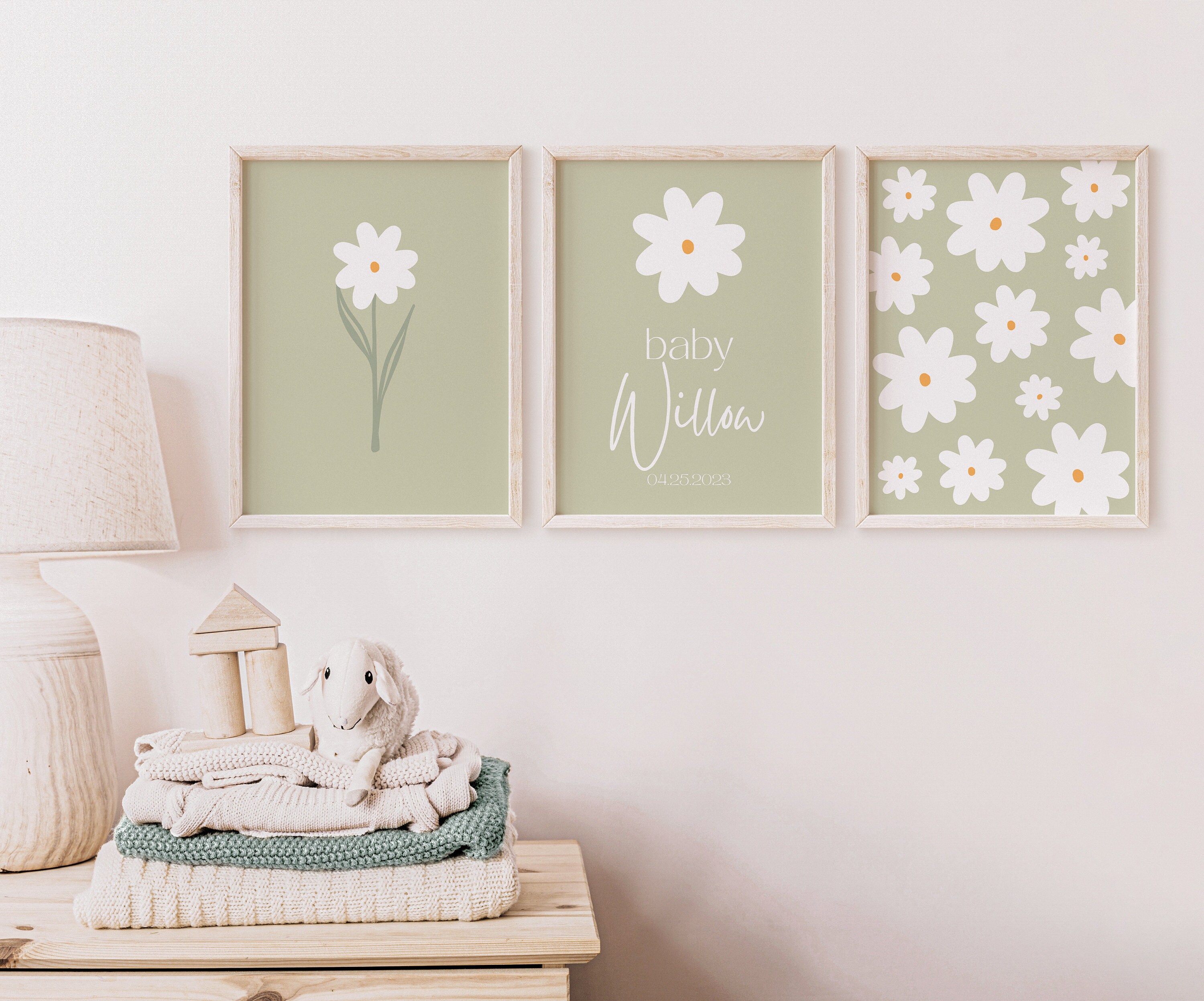 Daisy Nursery Prints Set: Sage Green Custom Name Wall Art (digital ...