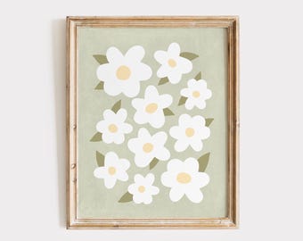Sage Green Daisy Nursery Print: Vintage Floral Wall Art (Digital Download)