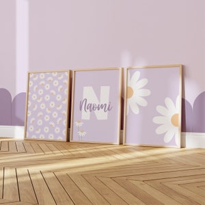 Juego de 3 impresiones de pared para guardería con letras, impresiones de margaritas, impresiones de niña lila, impresiones de pared moradas, impresiones de flores con nombre personalizado, 11 x 14 x 8 x 10