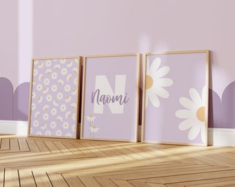 Daisy Nursery Print Set: Custom Name, Lilac Floral Wall Art (Digital Download)