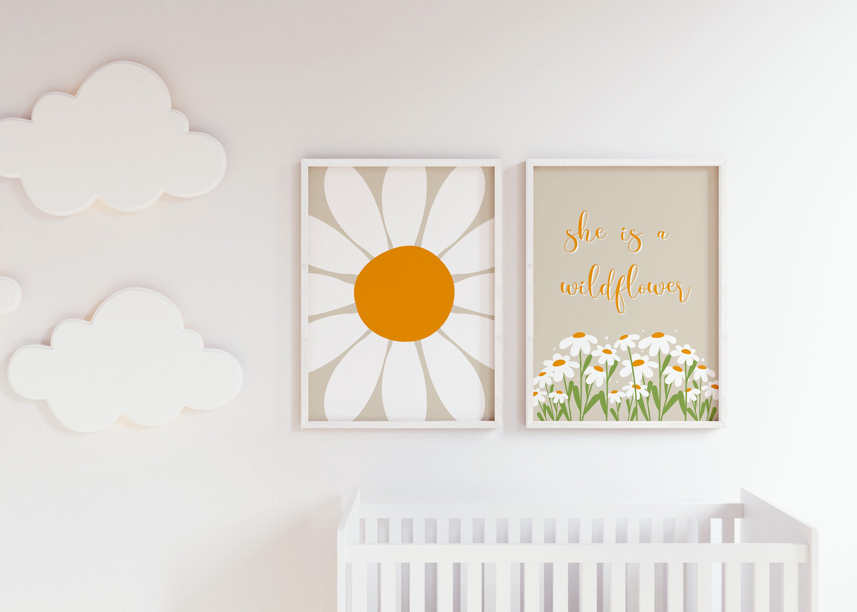 Set of 6 Tan Daisy Wall Print, Daisy Nursery Decor, Baby Registry Idea,  Nursery Gallery Wall, Girl Bedroom Wall Art, Beige Daisy Wall Print 
